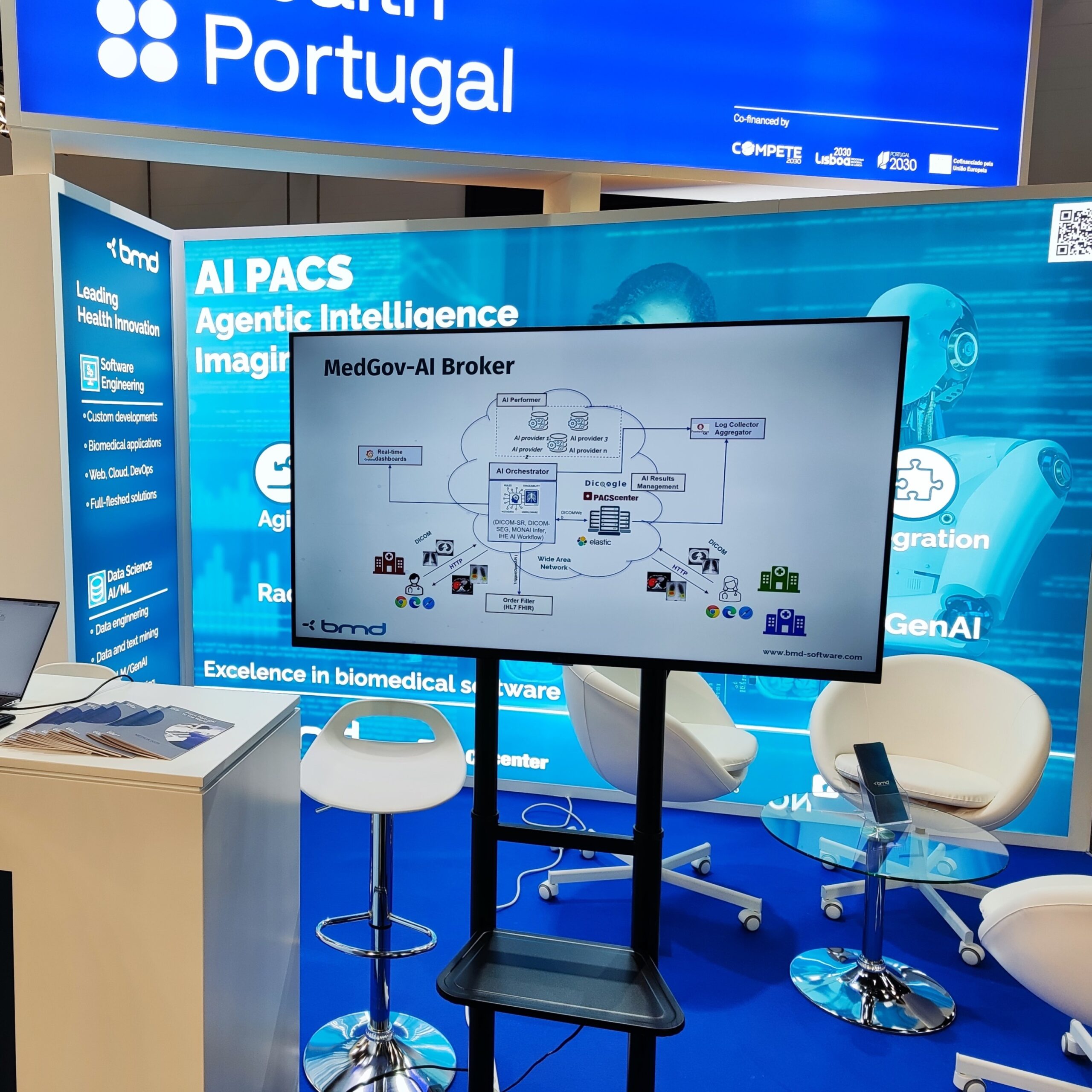 BMD Software exhibition booth at MEDICA 2025 trade fair under Health Portugal pavilion, featuring AI PACS display and company branding.