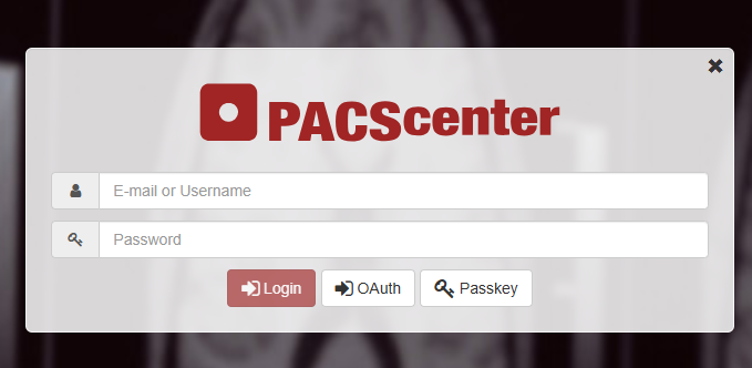PACSCenter login screen showing options to log in with email and password, OAuth, or Passkey.