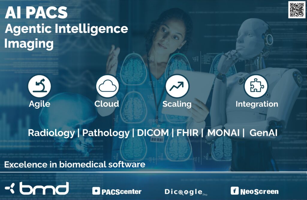 A promotional banner for BMD showing the theme “AI PACS — Agentic Intelligence Imaging.” Icons highlight Agile, Cloud, Scaling, and Integration. The background shows a medical professional reviewing imaging scans with an AI robot. Text references Radiology, Pathology, DICOM, FHIR, MONAI, and GenAI, along with BMD product logos.