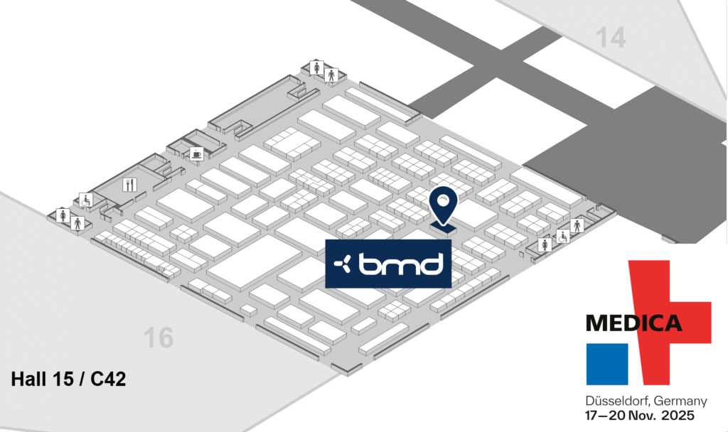 A 3D floor map of MEDICA 2025 showing the layout of Hall 15. The BMD booth is highlighted with a location pin at Stand C42. The MEDICA logo and event dates “Düsseldorf, Germany — 17–20 Nov. 2025” appear in the lower right corner.