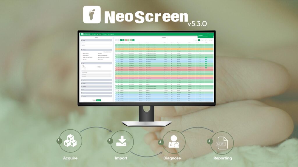 NeoScreen v5.3.0 newborn screening software interface showing integrated workflow from sample acquisition and import to diagnosis and reporting